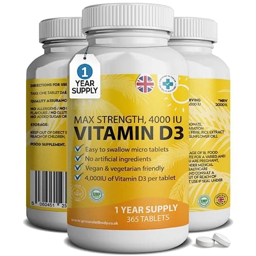 Image of Vitamin D3 4000 IU Micro Tablets - 365 Day Supply, Easy to Swallow High Strength Premium Sunshine Vitamin | Max Strength Vitamin D Supplement, Vegetarian & Vegan Friendly, Made in UK by Grounded