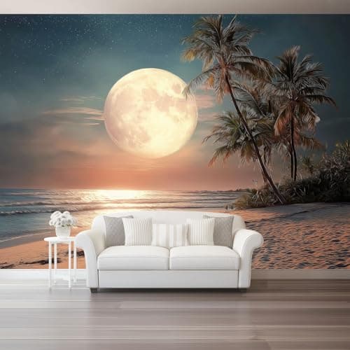 Image of Large Decorative Wall Mural Moon Beach Pattern Printed Non Self Adhesive Wallpaper, Paste Installation Beige Photo Wallpaper for Bedroom Living Room Wall Design 118" x 83"/300 x 210 cm(WxH)