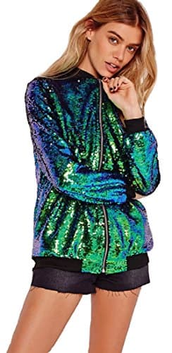 Image of Cray Girls Womens Ladies Sequin Bomber Jacket Zip Up Stylish Party Bling Baseball Biker Coat Outwear UK 8-18 (16-18, Green)