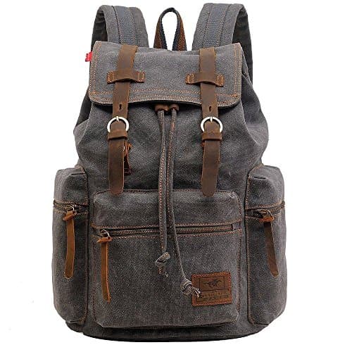 Image of Vintage Unisex Casual Leather Backpack Canvas Rucksack Bookbag Satchel Hiking Backpack Travel Outdoor Shouder Bag (Grey) 27.9 x 16 x 41.9 cm