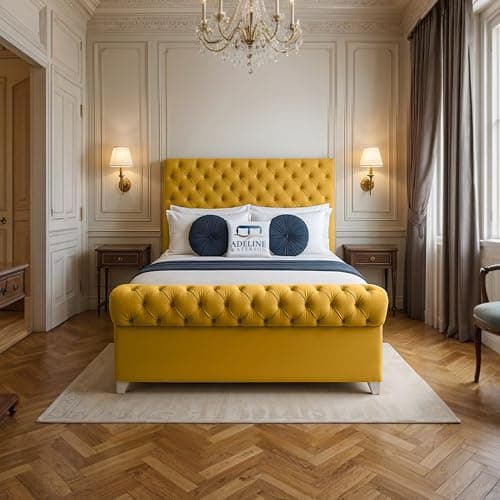 Image of ADELINE WATERSON Mayfair Upholstered Bed - Plush Velvet Headboard & Footboard - Slats Base - Comfortable Bed (Mustard, Double - Slats Base, Without Mattress)
