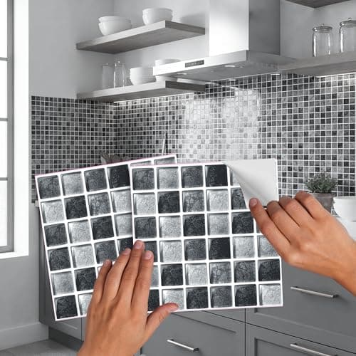 Image of Pack of 20 Tile transfers stickers Traditional modern art bathroom backsplash kitchen splashbacks Vintage Victorian Moroccan Black Cream mosaic peel and stick self adhesive tile cover (Black Metallic)