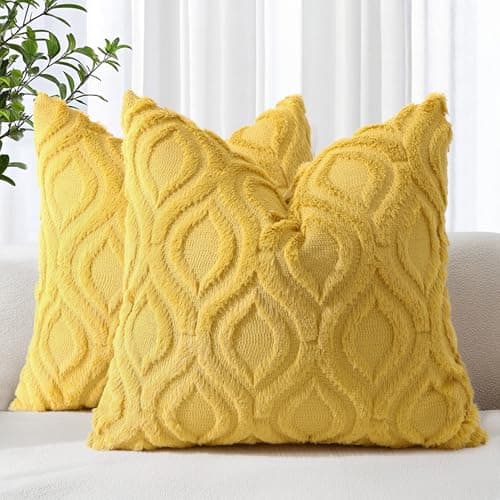 Image of decorUhome Set of 2 Faux Fur Cushion Covers 45x45 cm, Decorative Soft Plush Fluffy Velvet Cushion Cover 18X18 Inch,Square Boho Neutral Pillow case for Sofa, Mustard Yellow