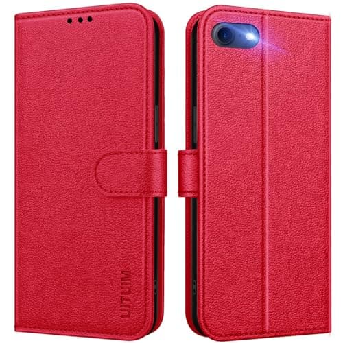 Image of UITUIM Leather Wallet Flip Cover Phone Case - Shockproof Magnetic Folio Case for iPhone SE 2022/2020, 8/7/6S/6 with Card Holder, Red