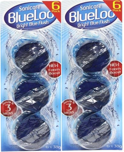 Image of Sanicare Blue Toilet Cistern Blocks 12 Pack (2 x 6 Blocks) – Long Lasting Fresh Fragrance, Prevents Limescale, Blue Flush, 38g Each