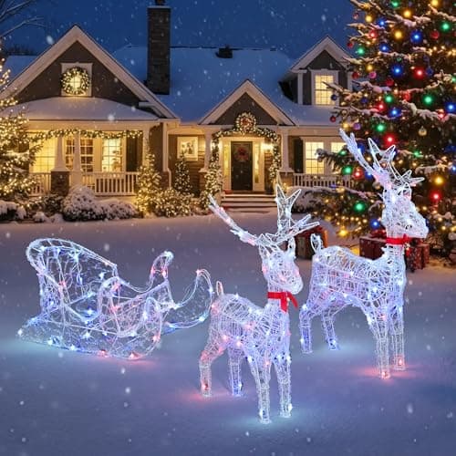 Image of YITAHOME 2-Deer & Sleigh Christmas Reindeer Set with 150 RGB LEDs & RF Remote, Pre-Lit Light Up Deer Decoration Set with Detachable Antlers and Neck for Indoor & Outdoor Holiday Display