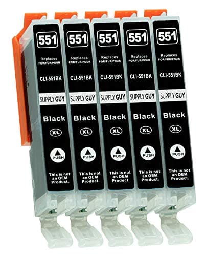 Image of Supply Guy 5 Ink Cartridges compatible with Canon CLI-551 Black with Chip and Level Indicator for IP7250 IP8750 IX6850 MG5450 MG5550 MG5650 MG5655 MG6350 MG6450 MG6650 MG7150 MG7550 MX725 MX925