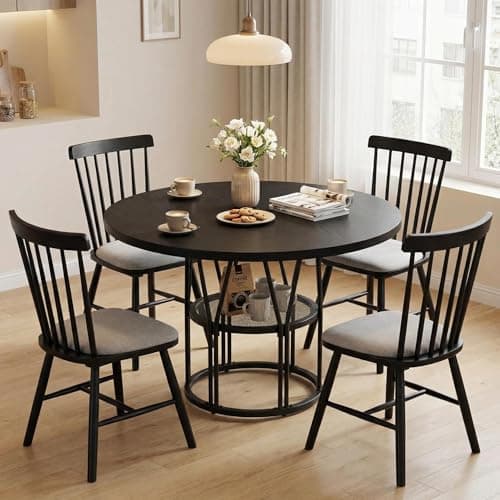 Image of Crevyteg 47'' Round Dining Table for 4-6, Wooden Kitchen Table with Storage Shelf & Metal Base, Modern Dinner Table, Breakfast Table for Living Room,No Chair, Black