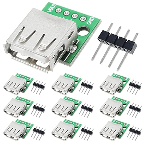 Image of DAOKAI 10 Pcs USB Type A Female to DIP Adapter 2.54mm 4 Pin USB 2.0 Type A Socket to DIP Converter Breakout Board for DIY Power Supply with 40 Pin Header