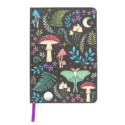 Image of Enchanting A5 Notebook - Dark Forest Design with Mystical Mushrooms, Glowing Luna Moth, and Magickal Plants. Gold Foil Edges, Ribbon Marker - Journaling & Desktop Stationery