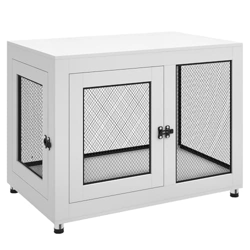 Image of PawHut Dog Crate Furniture End Table w/Soft Washable Cushion, Two Doors, Indoor Pet Kennel for Small Medium Large Dogs w/Wire Mesh, White