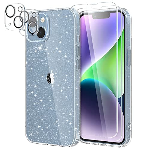 Image of YIRSUR Glitter Clear Case Compatible with iPhone 14 Plus 6.7" with 2 Pack Screen Protector with 2 Pack Camera Lens Protector, Soft TPU Bumper Anti-Scratch Shockproof Transparent Sparkly Cover