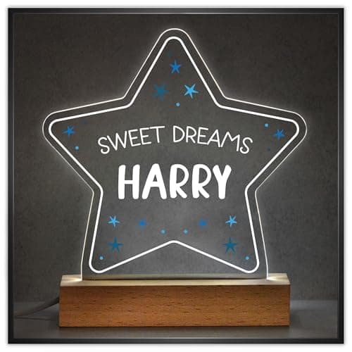 Image of Sweet Dreams Star Night Light Lamp with Childs Name, Personalised Acrylic LED Night Light For Baby Boy, Nursery Light, Bedside Table Light, Baby Sleep Light