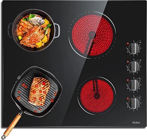 Image of Ceramic Hob 4 Zones Electric Hob with Knobs Built in 6000W Ceramic Hob 60cm with Non-abrasive Black Glass Auto Switch off Safety Hard Wire, No Plug Included