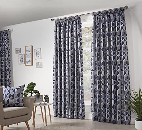 Image of Skandi Taped Pencil Pleat Curtains Fully Lined Weave Jacquard Navy 90x72
