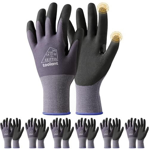 Image of toolant 6 Pairs Work Gloves MicroFoam Nitrile Coated, 15 Gauge Breathable Nylon with Grip in Wet & Oily Condition, Touchscreen, Certified Working Gloves Bulk for Gardening, Warehouse,Automotive,Gray,S