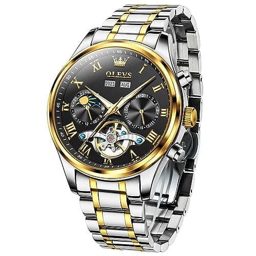 Image of OLEVS Mens Automatic Watches Skeleton Tourbillon Self Winding Diamond Luxury Dress Wrist Watch Stainless Steel Waterproof Luminous Moon Phase Day Date, 7005:Two tone band & Black dial, Automatic