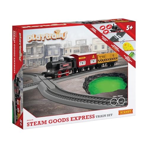 Image of Hornby - R9361M Playtrains Steam Goods Express Train Set - Kids Toy Trains for Ages 5+, Remote Controlled USB Rechargeable Locomotive with 2 Wagons, Track & Infrared Controller, Children's Train Sets
