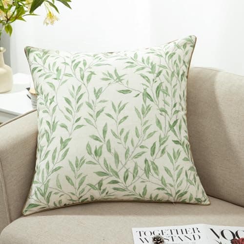 Image of VOGOL Garden Leaf Cushion Covers, 45 x 45 cm Country Rustic Decorative Pillow Cases for Sofa, Double-sided Print Pillowcases for Bed Couch Living Room, Pack of 1, Green