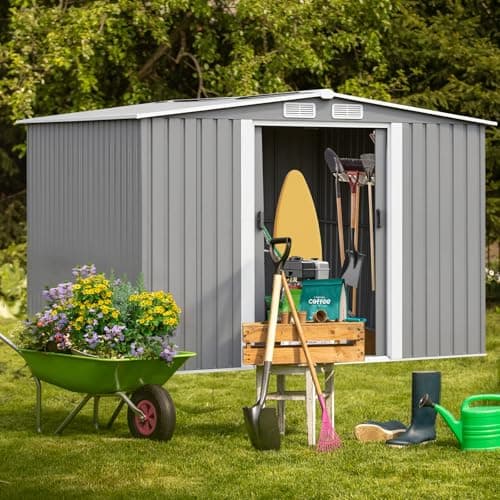 Image of Panana Metal Garden Shed Storage Sheds Heavy Duty Outdoor FREE Base Foundation Green/Grey Color (10x8 Grey)