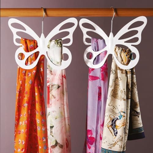 Image of Set of 2 White Butterfly Design Scarf Hangers – Space Saving Wardrobe Hanging Storage Accessory Holder for Scarves, Ties, Belts, Tights – Each Measure H25.5 x W29cm