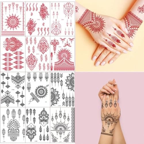 Image of XMASIR 12 Sheets Black Red Tatoo Sticker For Women Girls, Waterproof Fake Tattoos Temporary Lace Tattoo Kits, Lotus Mandala Flower Temporary Tattoos Neck Chest Arm (12P)