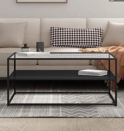Image of Hallowood Furniture Bewdley Black Metal Coffee Table with Glass Top, Industrial Style Large Rectangular Centre Living Room Table with Shelf for Modern Living Rooms or Lounges