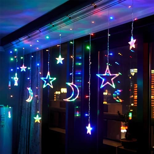 Image of CNMTCCO Ramadan Window Light Decorations for Home, 138 LED Star Moon Curtain String Lights with 8 Flashing Modes for Party, Wall, Eid, Ramadan Decorations, Battery&USB Powered (Multicolor)