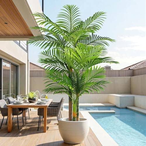 Image of Keeplush 6ft Tall Triple Golden Cane Artificial Palm Tree Outdoor, Large Artificial Plants Outdoor Tree for Living Room Patio Office Home Decor 1PCS