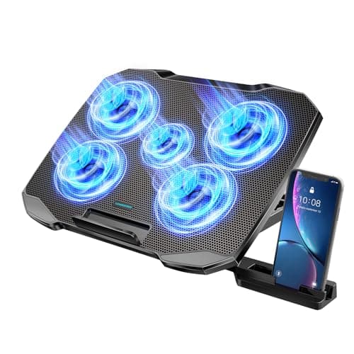 Image of Laptop Cooling Pad, Laptop Cooler with 3&5 Quiet Cooling Fans with Phone Holder for 12-17.3 Inch Laptops, Anti-slip Baffles, 5 Height & Fan Speed Adjustable, 2 USB Port & Blue Led Light (5fans)