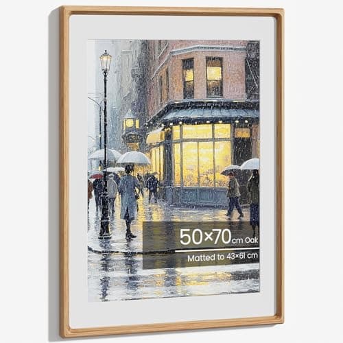 Image of 50x70cm Frame, Natural Solid Oak Wood Poster Frame Large Picture Frames Handcrafted 50x70cm Frames Matted to 43x61cm Photo Hang Portrait or Landscape for Wall Gallery Decor with Tempered Glass