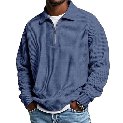 Image of Mens Waffle Knit Jumper Sweatshirt Long Sleeve Solid Color Minimalist Half Zip Neck Top Golf Basic Thickened Dark Blue XL