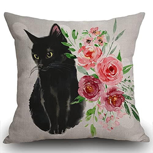 Image of Smooffly Black Cat and Watercolor Flower Cushion Cover Outdoor Furniture Decorative Linen Square Double Sided Printing Pillow Cover for Home Office Sofa Couch Car Garden 45 x 45cm 18 x 18 inches