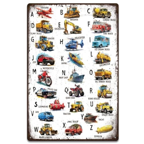 Image of SUPERDANT A-Z Metal Signs ABC Tin Signs Alphabet with Transportation Wall Plaques Funny Iron Poster Art for Boy Man Cave Home Bedroom Living Room Bar Pub Vintage Decor Housewarming Gift