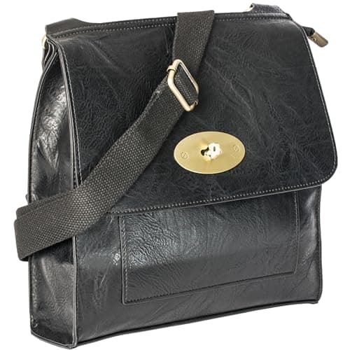 Image of Mabel London Women's Cross-Body Bags Leather Large/Medium Twist Lock Cross Body Messenger Bag Turnlock Shoulder Bag - Nadia (Black)