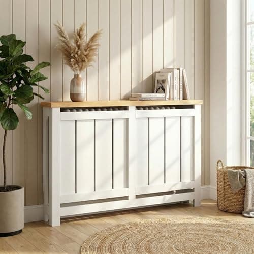 Image of DuraTherm® Stratford Radiator Cover White Modern Vertical Slat Shelves MDF Cabinet Shelf for Radiators, Living Rooms, Bedrooms, Medium (W: 111.5cm / H: 81.5cm / D: 19cm)