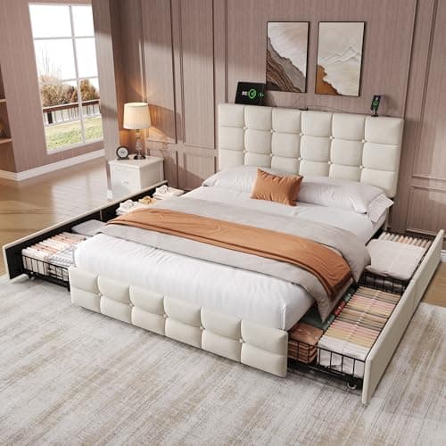 Image of BTM Double Bed Frame with Storage - Upholstered with Adjustable Headboard, USB & Type-C Ports, 4 Drawers (135x190cm) - No Mattress