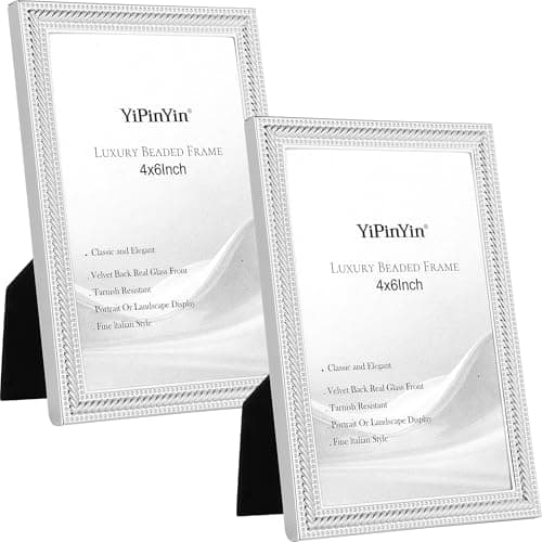 Image of Classy Silver Plated 4x6'' Picture Frame 2 Pack,6x4'' Beaded Metal photo Frames with Real Glass & Velvet Backing,Hi End Classy Silver Frame 6x4'' for Tabletop Display or Wall Mounting
