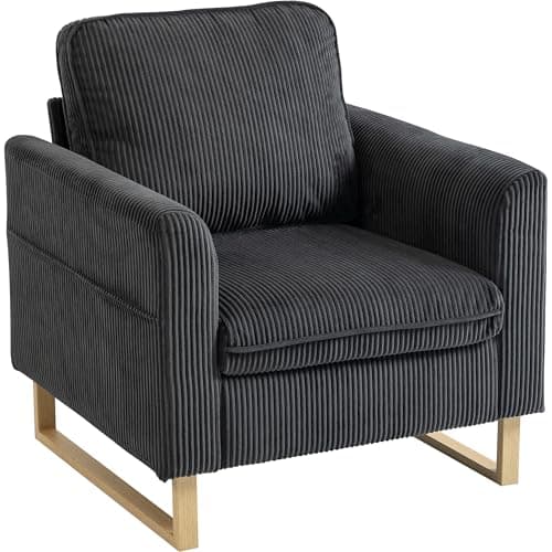 Image of HOMCOM Corduroy Accent Chair, Modern Industrial Armchair with Metal Legs and Spring, Upholstered Single Sofa for Living Room, Bedroom, Dark Grey