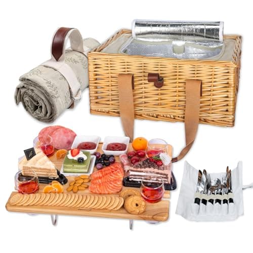 Image of Hap Tim 4 Person Wicker Picnic Basket with Mini Folding Wine Picnic Table Large Cooler Bag and Cutlery Kit for 4 Persons, Couple Gifts, Wedding Gifts (Y2307-4cm)