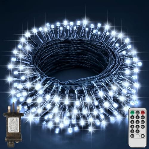 Image of Realky Fairy Lights Plug in, 29.2M/95.8FT 220 LED Waterproof Outdoor String Lights Mains Powered with 8 Modes/Remote Control, Christmas Lights for Outside Indoor Garden Bedroom Decorations(Cool White)
