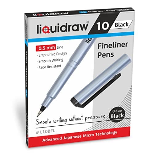 Image of Liquidraw Black Fineliner Pens - 10 Set | Fine Point 0.5 mm Tip | Storage Wallet | Black Coloured Pens For Artists, Handwriting, Drawing, Calligraphy, Sketching | Ergonomic Design | Fade Resistant Ink