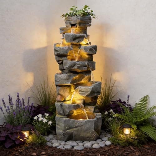 Image of Bumilgar 147 cm Large 6-Tier Garden Water Feature, Natural Stone-Effect Outdoor Waterfall with LED Lights, Freestanding Fountain for Garden, Backyard and Home Décor, Grey