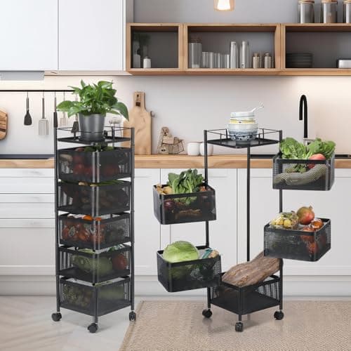 Image of Oyajia Kitchen Basket 5 Tier Round Layered Shelf Storage Rack Rotating Moveable Vegetable Fruit Basket Shelves Black, Perfect for Pantry, Bathroom, or Living Room (5 - Tier), 28 * 28 * 92.5cm