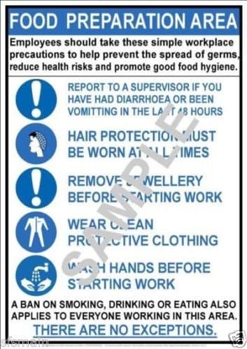 Image of HEALTH & SAFTY FOOD PREPARATION AREA POSTER A4 (Approx 30cm x 21cm) LAMINATED
