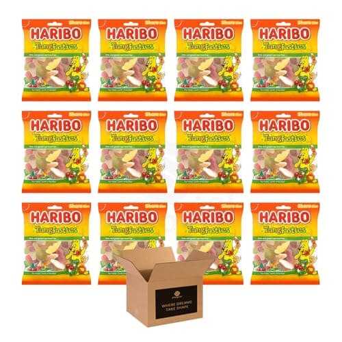 Image of Sweets Share Size Bags | Sweet & Sour Jellies, Gummy Candy & Chewy Treats for Kids & Adults | Party, Halloween, Xmas Gift Snacks (Haribo Tangfastics PM £1.25-140g x 12Pack)