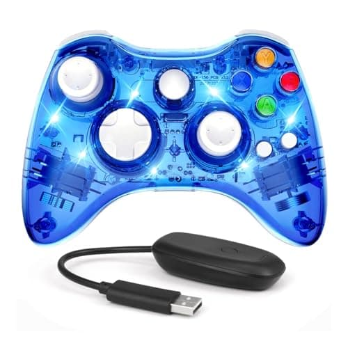 Image of PAWHITS Wireless Xbox 360 Controller with Cool LED, Compatible with Microsoft Xbox 360 & PC (Windows 11/10/8/7), Upgraded Joystick & Dual Vibration Gamepad with Receiver (Transparent blue)