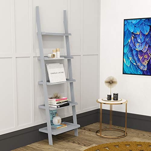 Image of Charles Jacobs Ladder Shelf 5 Tier Leaning Storage Bookcase Unit - Grey