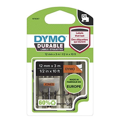 Image of DYMO Authentic D1 Durable Labels | Black Print on Orange Tape | 12 mm x 3 m | High-Performance Label Tape for LabelManager Label Makers