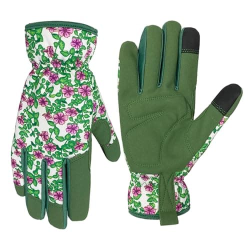 Image of OIZEN Gardening Gloves for Women, Garden Gloves with Touch Screen, Thorn Proof Puncture Resistant Working Gloves, Gardening Gifts for Women (Green purple flowers, M)